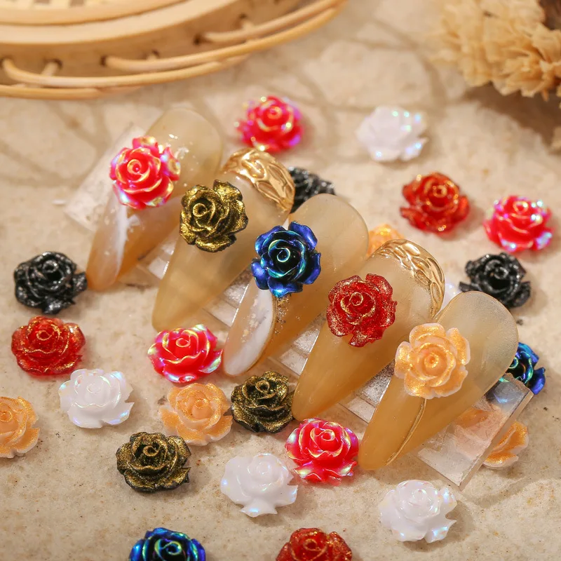 50PCS 10MM 3D Resin Famellia Flower Nail Charms For Glitter Nail Art Tips Decortion Rose Manicure Jewelry Accessories Supplies N