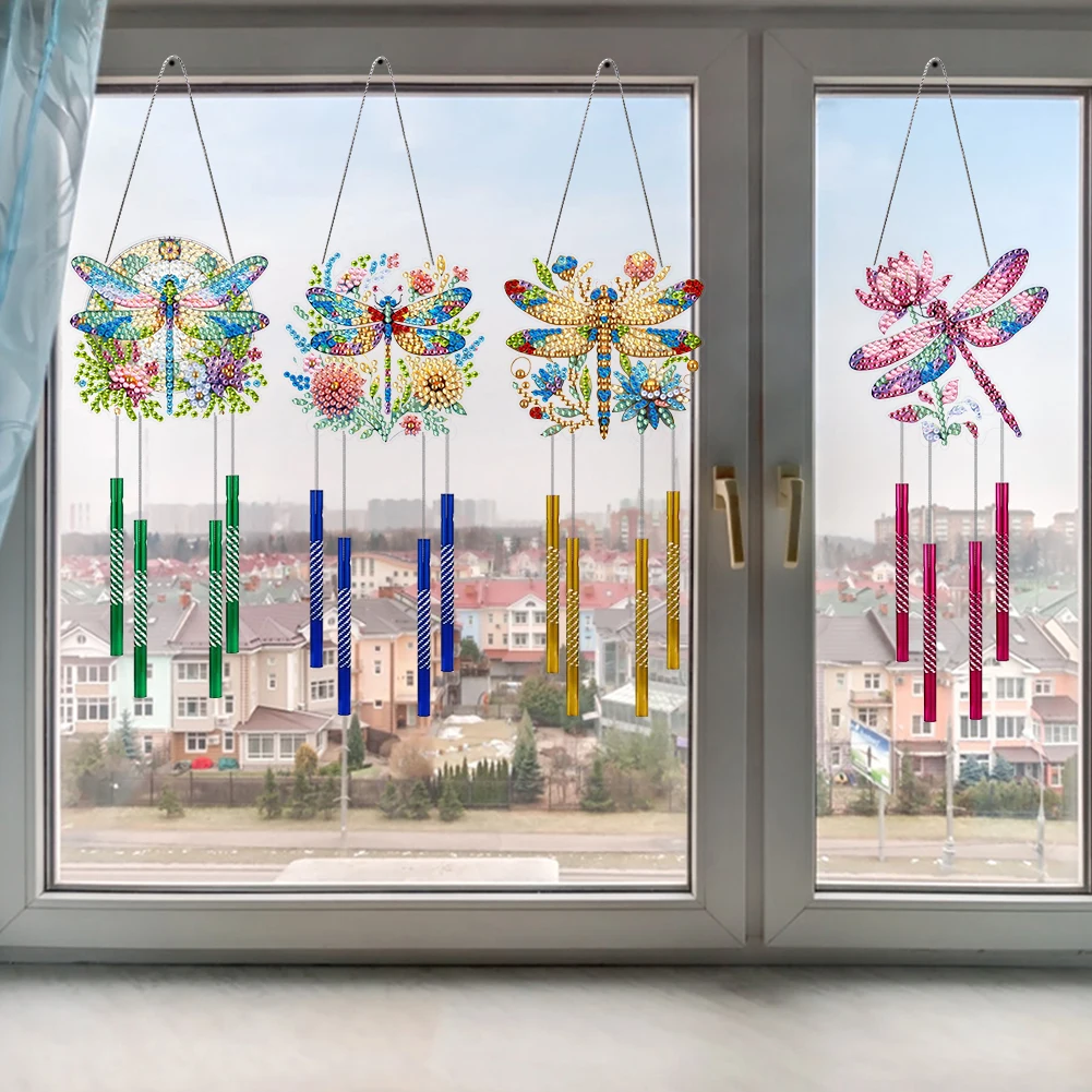 4Pcs Double Sided Acrylic Dragonfly Flower Hanging Crystal Chime Ornament DIY Rhinestones Wind Chime Kit for Home Garden Window