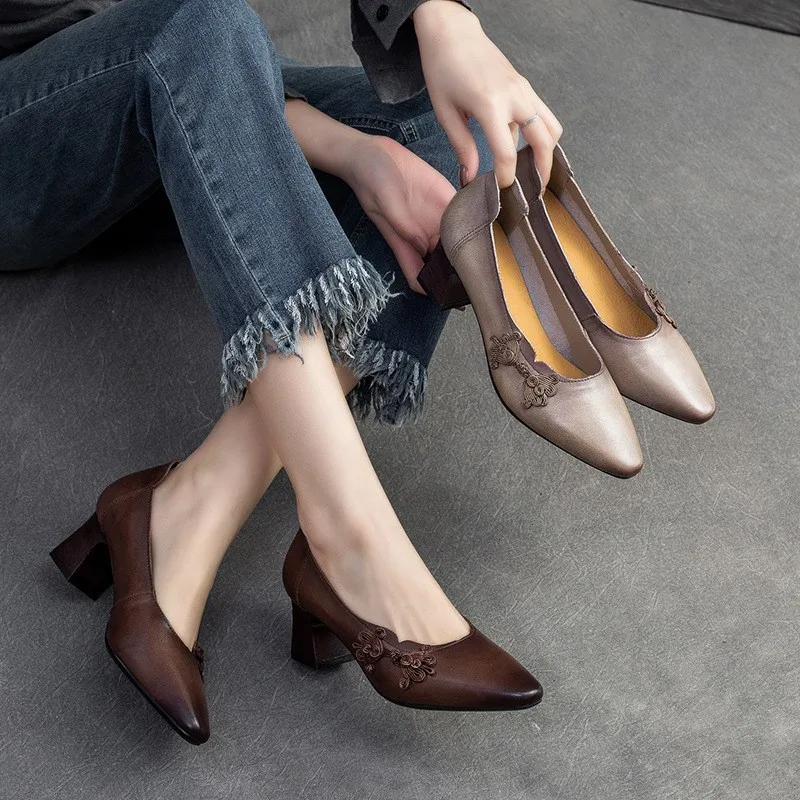 GKTINOO 2024 Vintage Women Pumps Comfortable Genuine Leather High Heel Shoes Women Round Toe Casual Thick Heel Mother Shoes