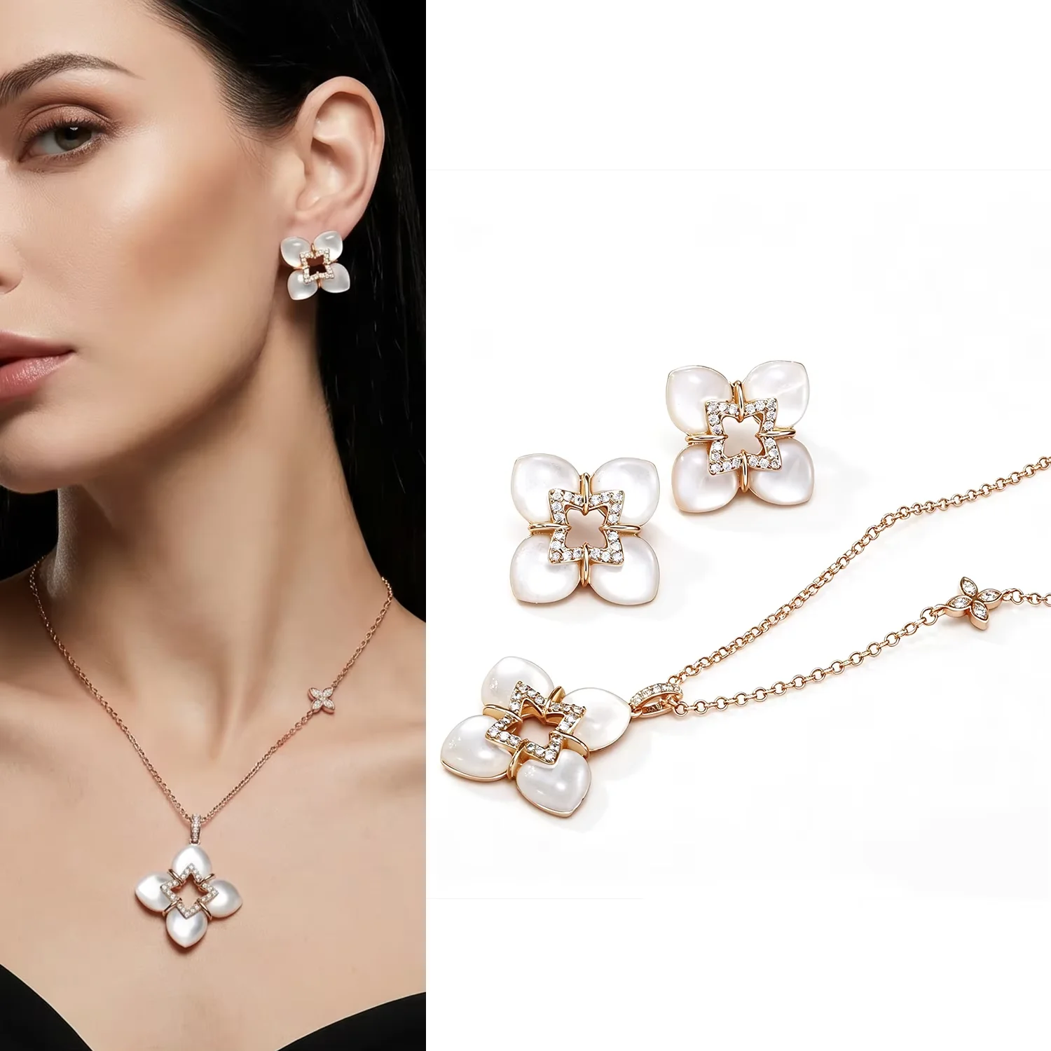 1. Women Floral Necklace Earring Set Delicate Flower Shape Pendant Necklace And Matching Stud Earrings Fashion Jewelry For Daily