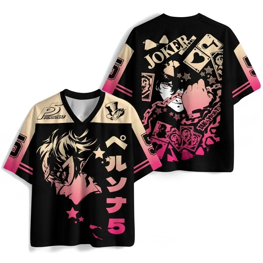 Unisex Persona 5 Joker Y2K Mesh V-Neck Jersey,Anime Double Sided Print Short Sleeve Tee,Summer Quick Dry Harajuku Streetwear Top