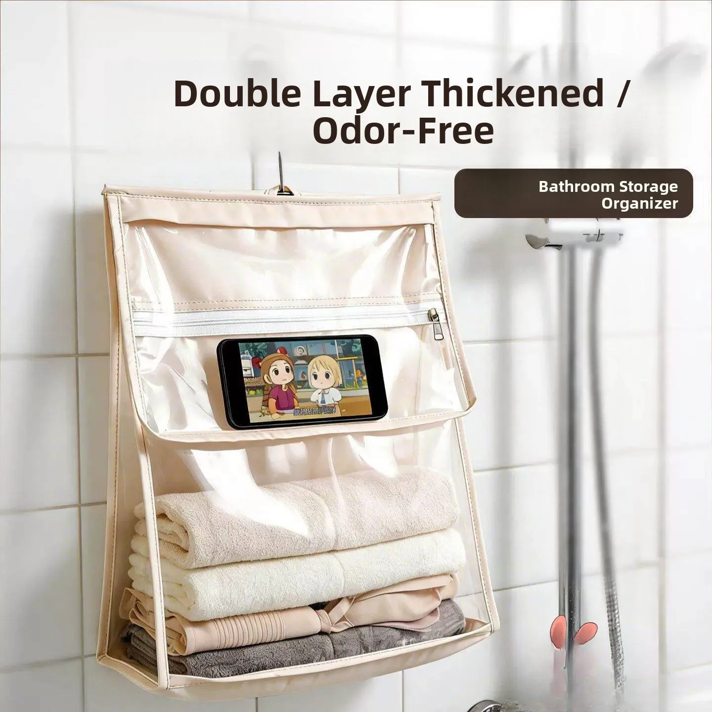 Waterproof Bathing Hanging Storage Bag Large Capacity Double Layer Thickened Clothes Phone Bag for Bathroom ABEYINUOR