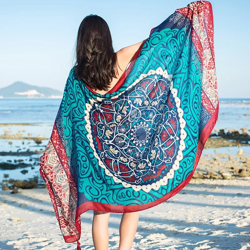 

Design Brand Women Scarf Sunscreen Cotton Shawls Dual-Use Summer Autumn Long Scarves Seaside Holiday Beach Towel Beachwear Veils