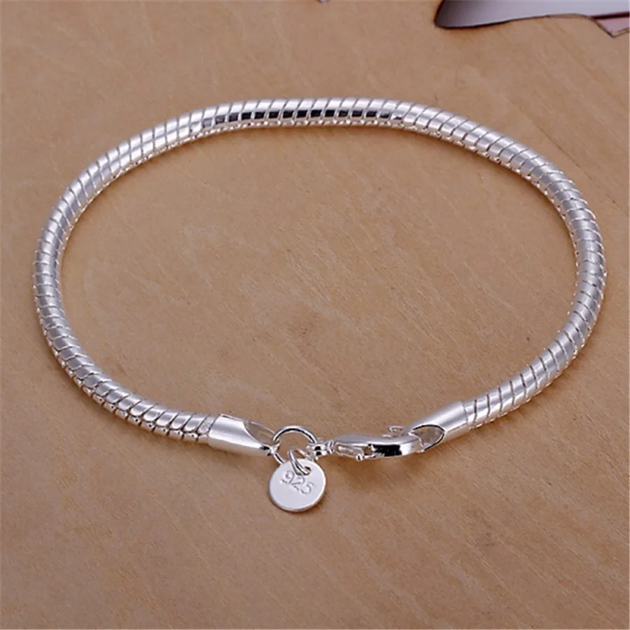 DOTEFFIL 4mm Silver Snake Chain Bracelet 925 Sterling Silver 16-23cm DIY Basic Chain Jewelry Accessory Combination