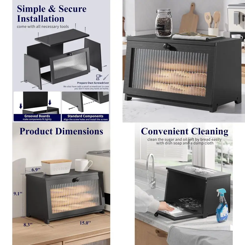 

Large Wooden Bread Box with Window, Black, Stylish Kitchen Organizer, 15x8.3x9.1, High-Capacity Countertop Storage