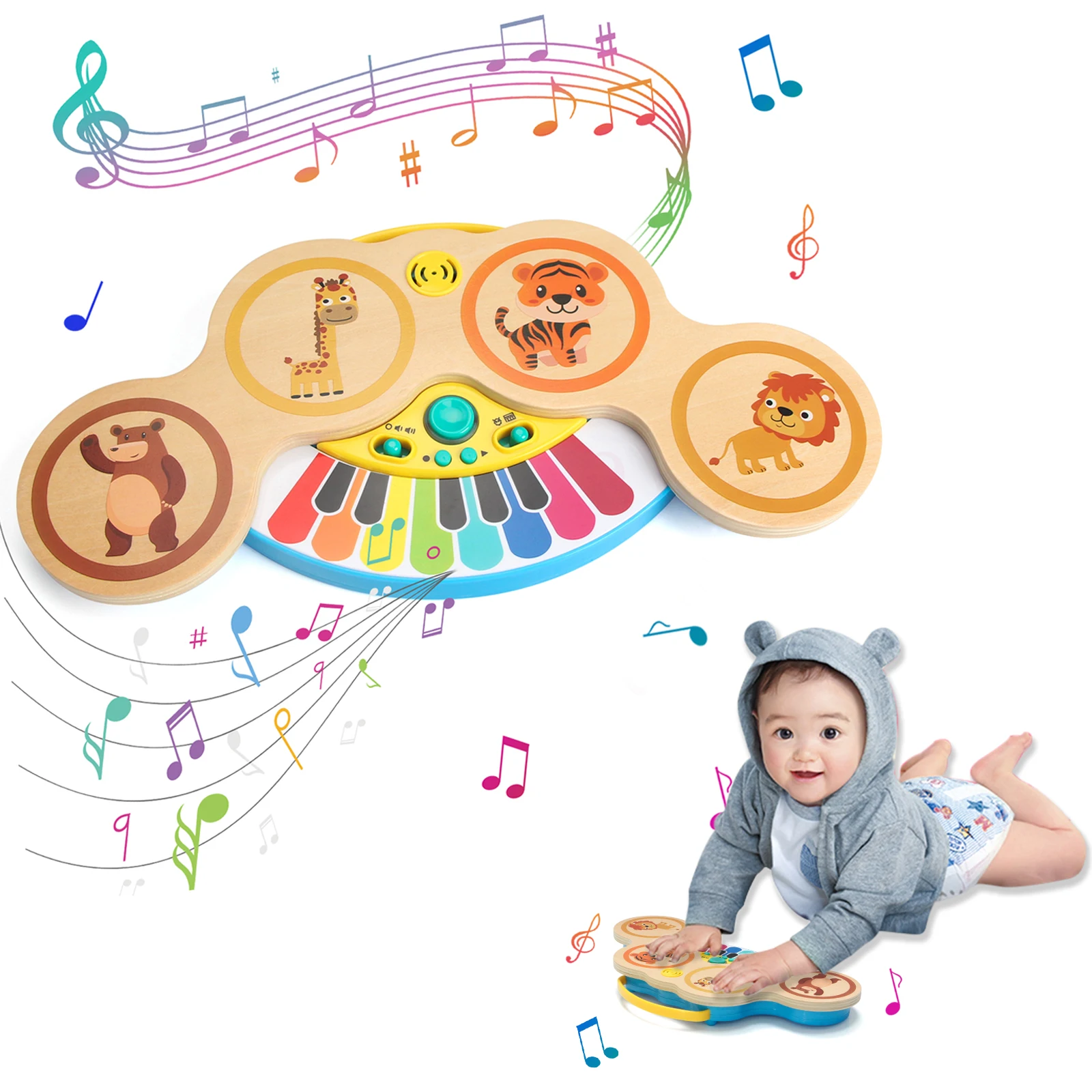 Wooden 2in1 Keyboard Piano Clapping Drum with Music & Light Cartoon Animals Music Toys Educational Toys for 12 months Baby Gifts