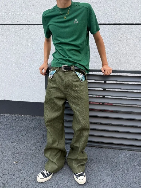 Calças Jeans Americanas Retrô Verde Matcha Originais para Homens e Mulheres, Design Moderno e Exclusivo para Casais