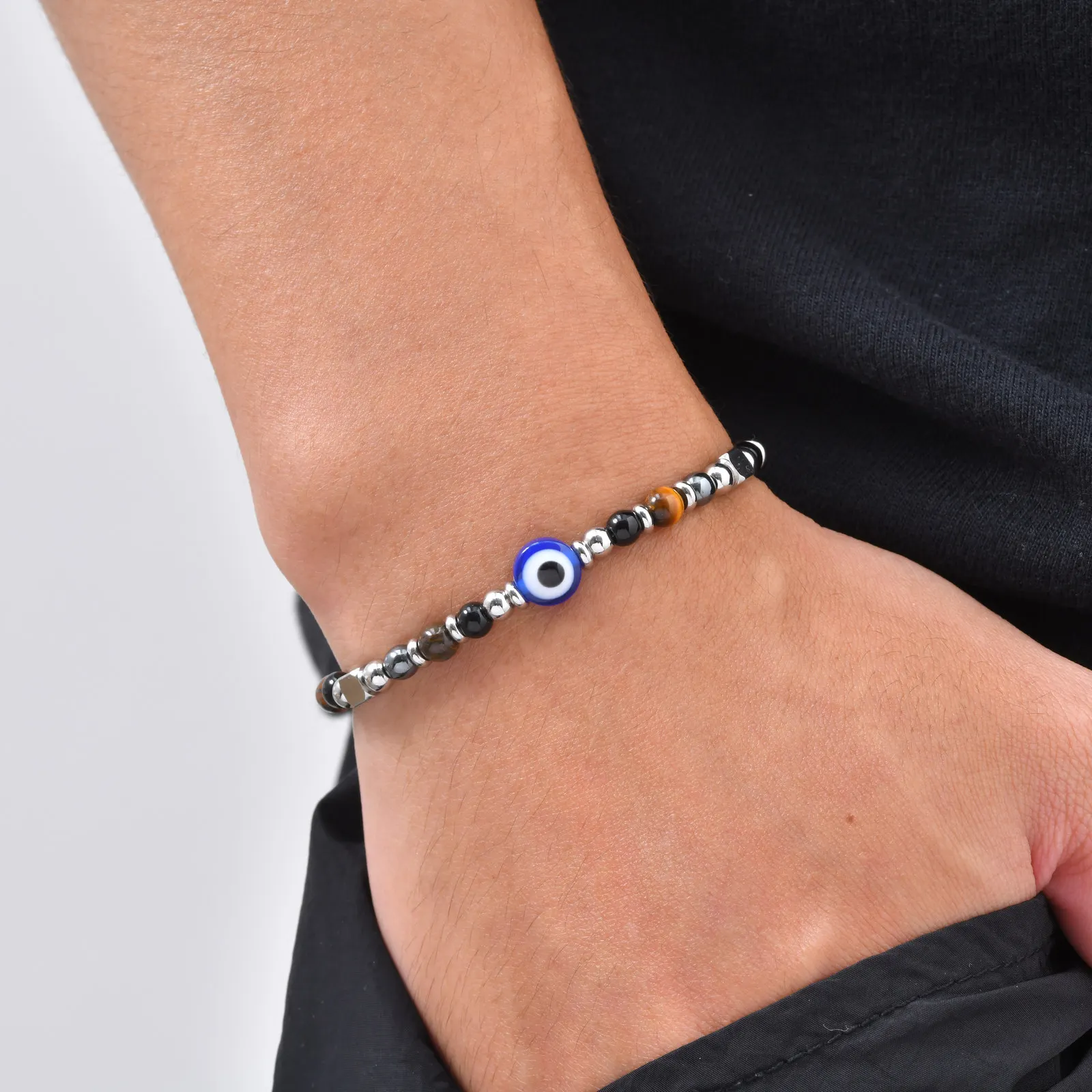 Vnox Evil Eye Bracelet for Men Stainless Steel Natural Tiger Eye Obsidian Hematite Beaded Chain Adjustable Protection Jewelry