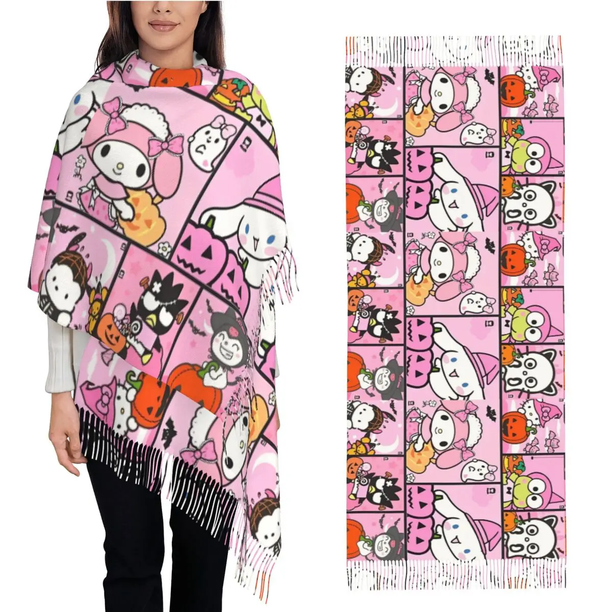 My Melody Sanrio Halloween Scarf Women Headwear Scarves with Tassel Winter y2k Cool Shawls and Wrap Warm Design Foulard