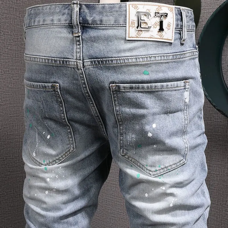 Street Fashion Men Jeans Retro Light Blue Vintage Stretch Skinny Ripped Jeans Men Patched Designer Hip Hop Denim Pants Hombre