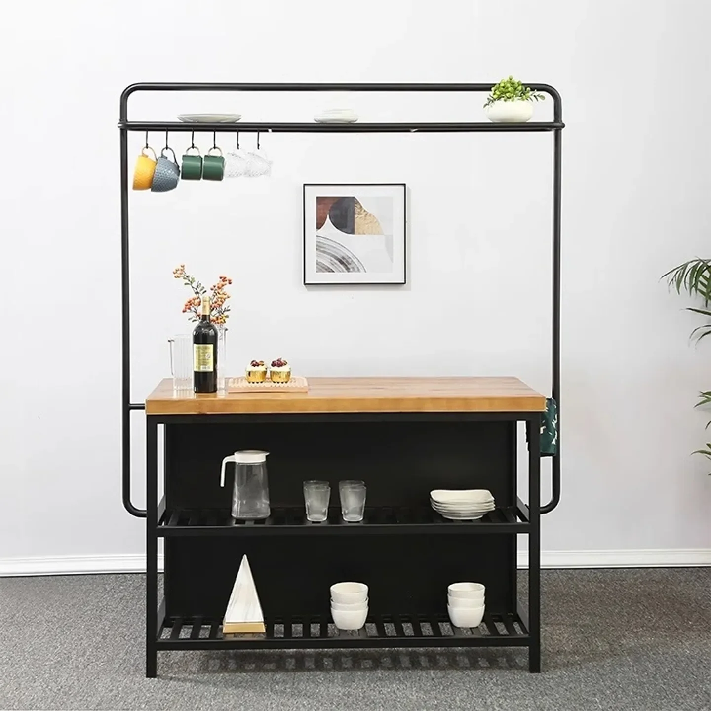 Kitchen Cooking Desk Middle Island Table Integrated Household Open Removable Side Cabinet Shelf Solid Wood Tea Bar