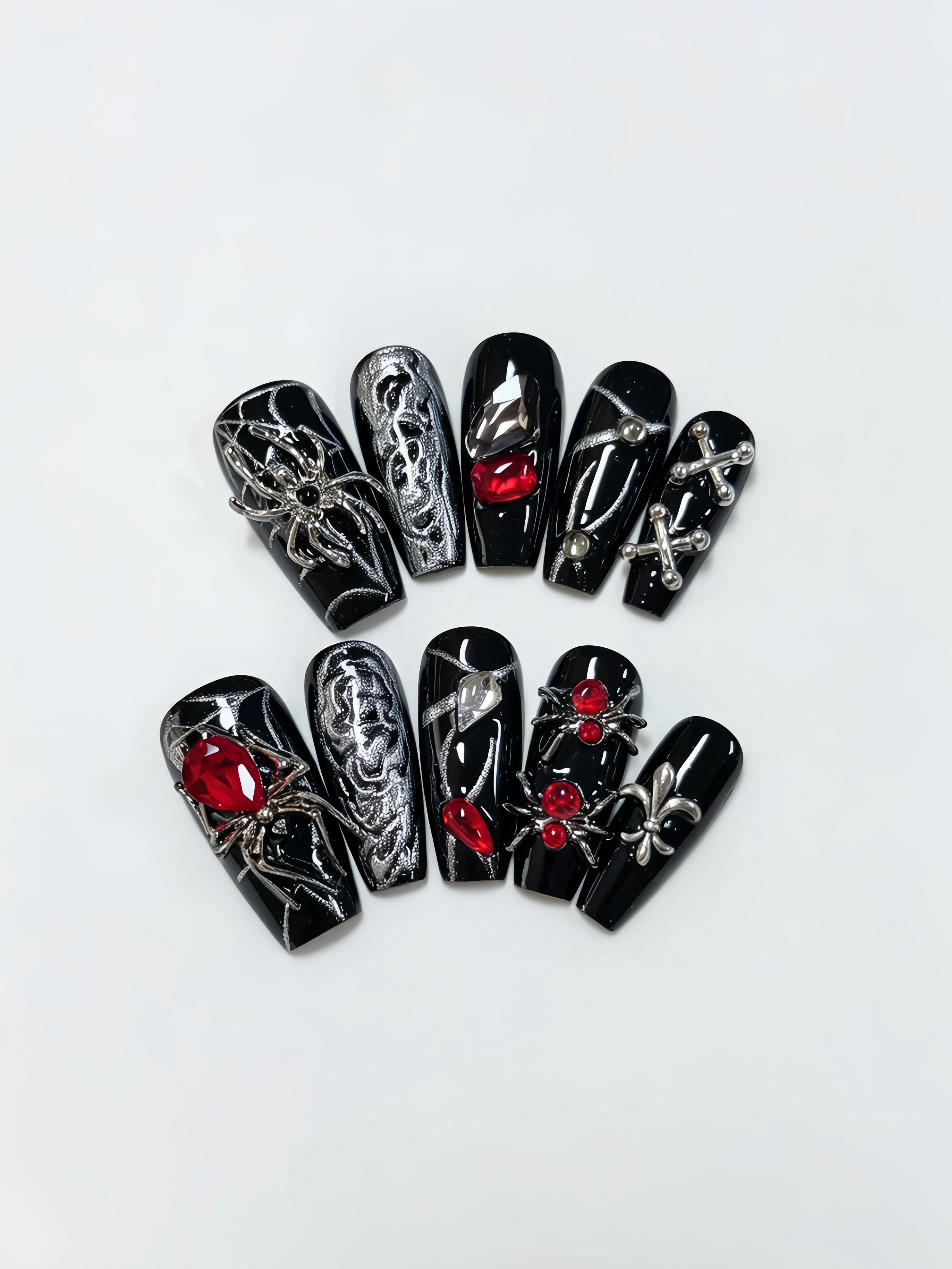 10 Pieces of Medium-Length Trapezoidal Nails, Punk Style Nails for Mature and Trendy Women, Spider Web Design with Large Wine Red Rhinestones, Halloween Party Style, Gothic Nail Art view 4