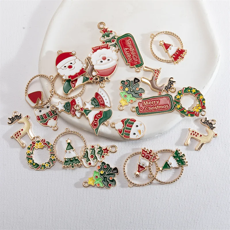 Randomly 10PCS Mixed Style Enamel Christmas Charms Snowman Santa Tree Penguin Reindeer Pendant For DIY Jewelry Accessories