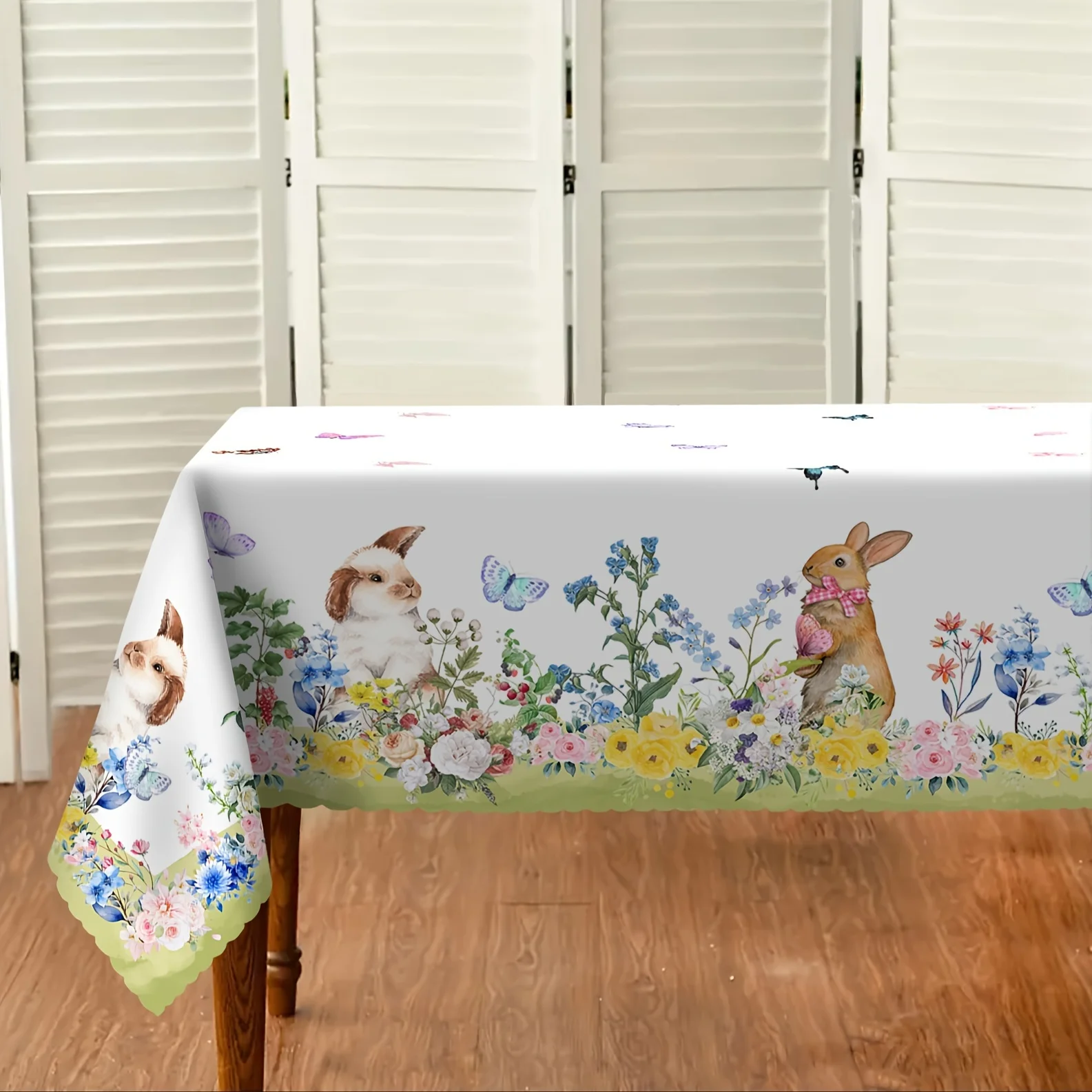 Rectangle Tablecloth Cute Bunny Butterfly Floral Pattern Table Cover Easter Spring Theme Tablecloth Home Party Diner Table Decor