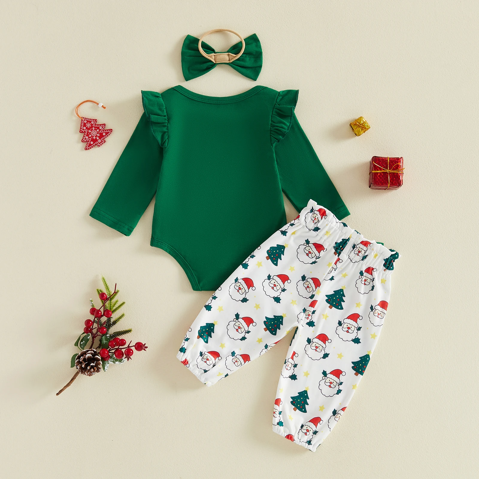 3pcs Set Baby Girl My First Christmas Outfit Letter Santa Print Romper Pants and Headband Cute Baby Xmas Clothing