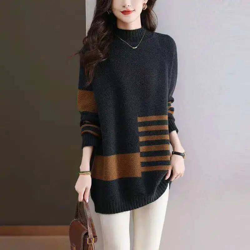 

2026 Fall/Winter Color-Plaid Mom's Sweater Fashionably Loose Half-Neck Sweater Mid-Length Casual Base Top