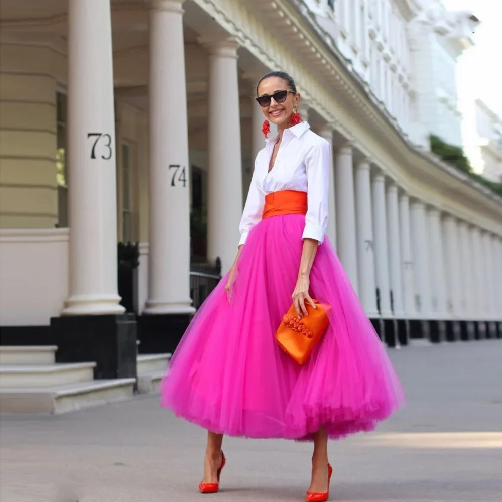 HOBBY Fuchsia Tulle Skirts Ankle Length Satin Waist Custom Made High Street Formal Event Shirt Skirt Extra Puffy Tulle Skirt