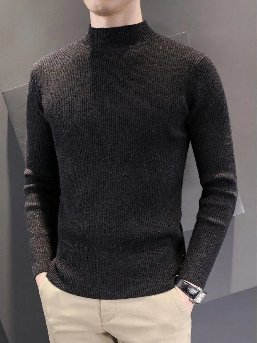 

Мужской утепленный вязаный свитер с высоким воротником, повседневный, приталенный, осенне-зимний, модный базовый слой, в корейском стиле