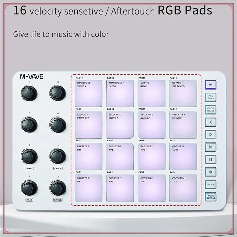 M-VAVE Wireless MIDI Pad Bluetooth MIDI Controller,16 Pads & 8 Assignable Knobs, Portable USB-C Powered W/Built-In Battery