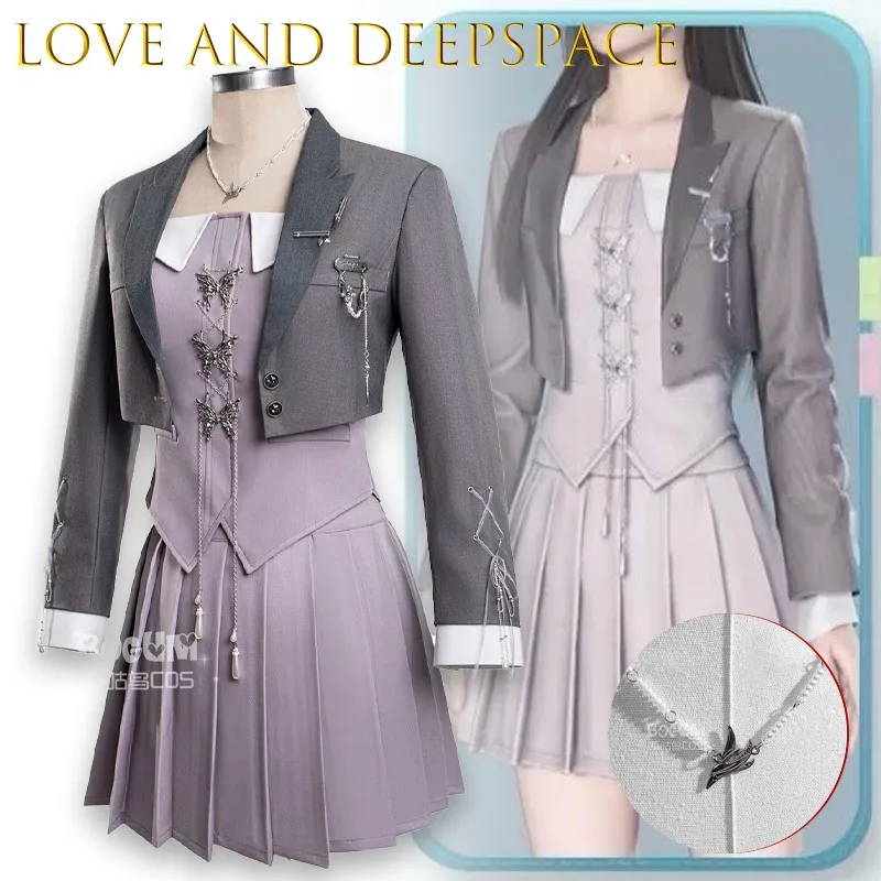 

Love And Deepspace MC Cosplay Costume Wig Whispers Of The Heart Main Control Daily Dress Anime Halloween Game Y2k Gray Pleated
