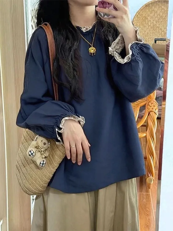 

Женская рубашка больших размеров с расклешенными рукавами, цветочным пэчворком и круглым вырезом, в винтажном стиле, для весны и осени, повседневная, дышащая, комфортная.