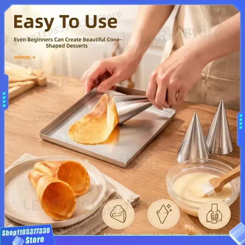 Manual Stainless Steel Waffle Cone Maker Hand Crank Ice Cream Roll Tool for Dessert Shop Baking Equipment New Full Set