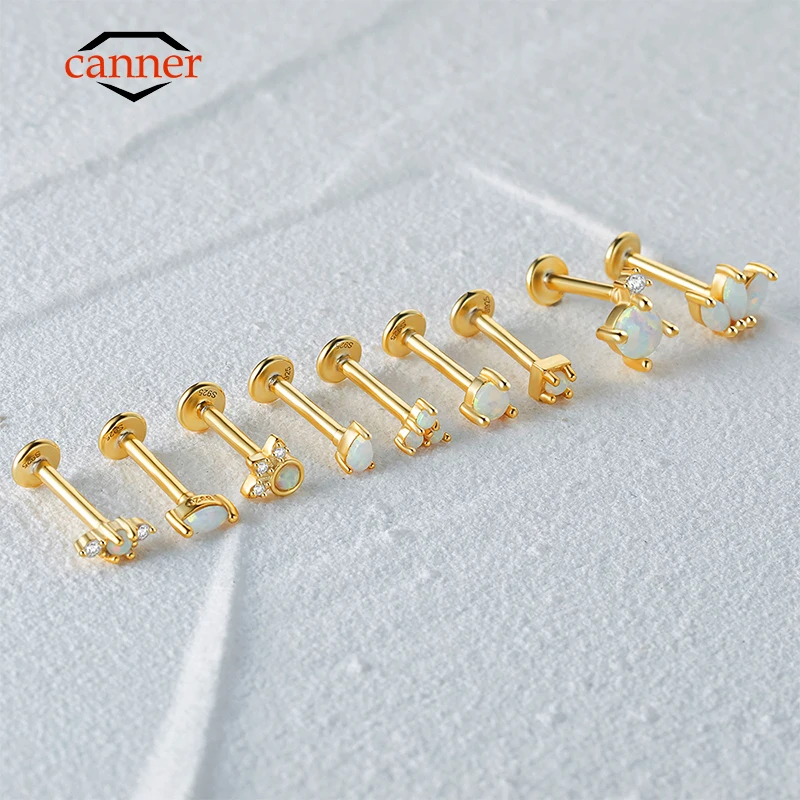 CANNER - Aretes Minimalistas de Plata de Ley 925 con Color Dorado para Mujer, Aretes de Ópalo para Perforación de Cartílago, Parte Trasera Plana, Joyería, 2 Piezas