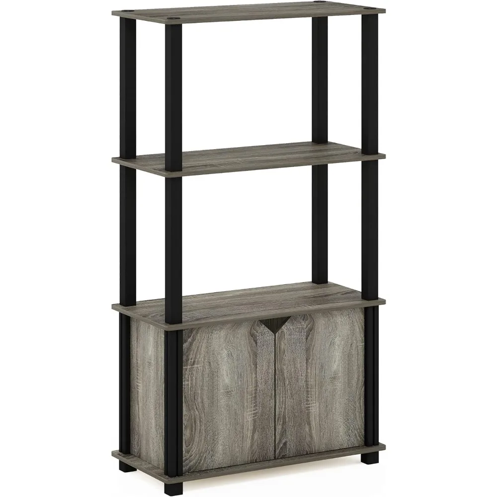 

4-Tier Multipurpose Bookcase/Bookshelf/Display Shelf/Display Rack with Door, French Oak Grey/Black