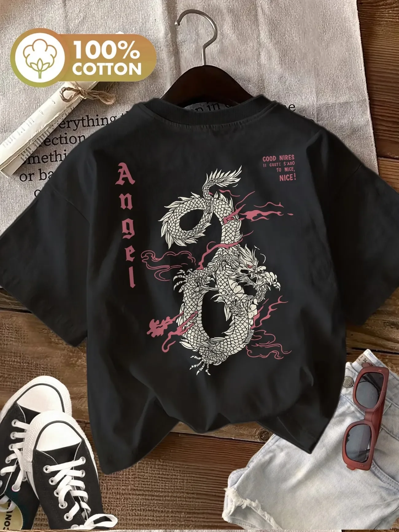 Aesthetic Japanese Style Dragon Print 100% Cotton Women's Harajuku T-Shirt Soft Crew Neck Short Sleeve Top Y2k 90s Shirt