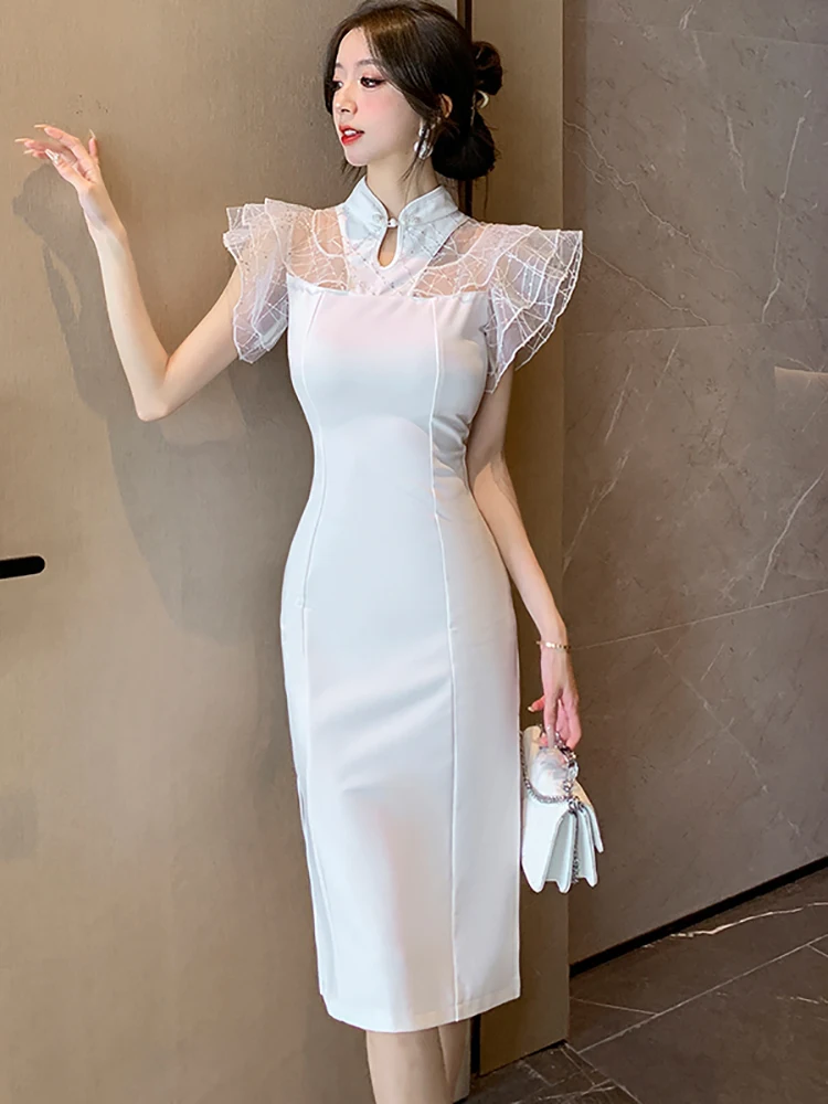 2024 White Patchwork Ruffled Mesh Luxury Dress Women Korean Party Vestidos Spring Summer Elegant Dresses for Official Occasions