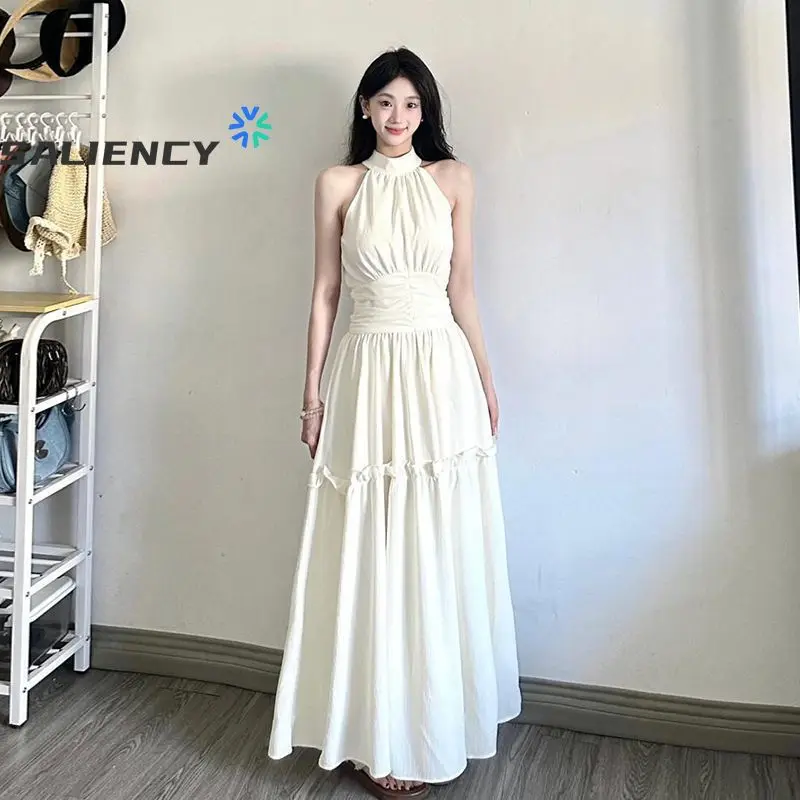 

SALIENCY французское винтажное платье макси с открытыми плечами, длинный сарафан со складками на талии, летняя пляжная одежда