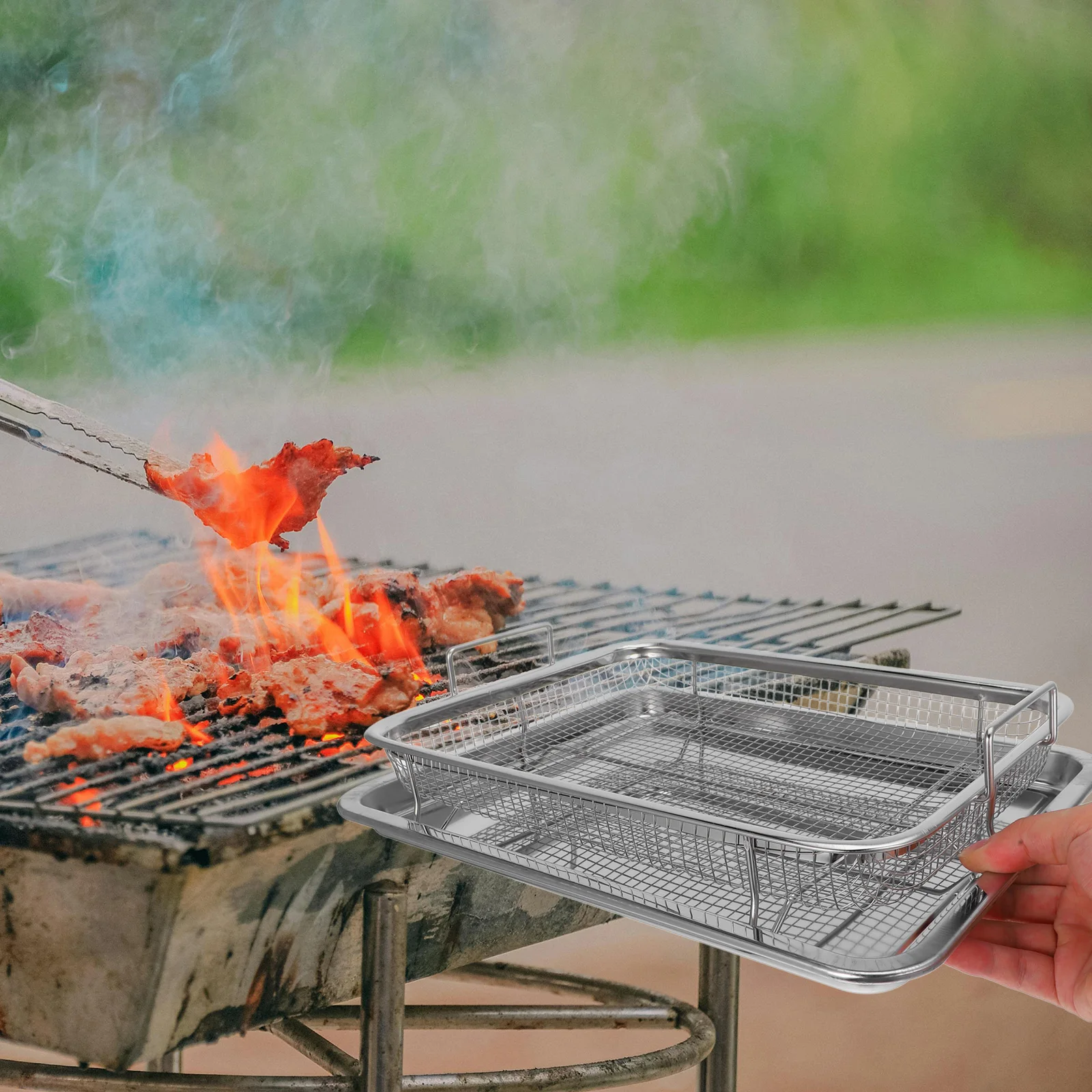 Afbeelding 6: 2 Stuks Rvs Bbq Mand Set Lucht Friteuse Oven Lade Braadpan Scherpende Mand Frietjes Kip Bacon Outdoor koken