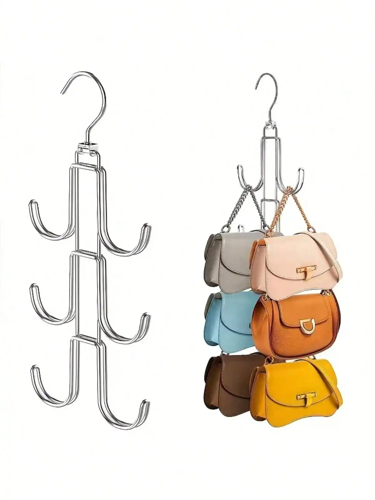 360 Degree Rotating Metal Handbag Rack for Closet - Silver - Space Saving Backpack Stand - Makes Bags Visible And Well Maintaine