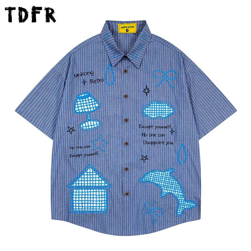 

Vertical Stripes Short Sleeve Shirts Mens Embroidery Retro Casual Lapel Half-Sleeve Loose Single Breasted Curved Hem Man