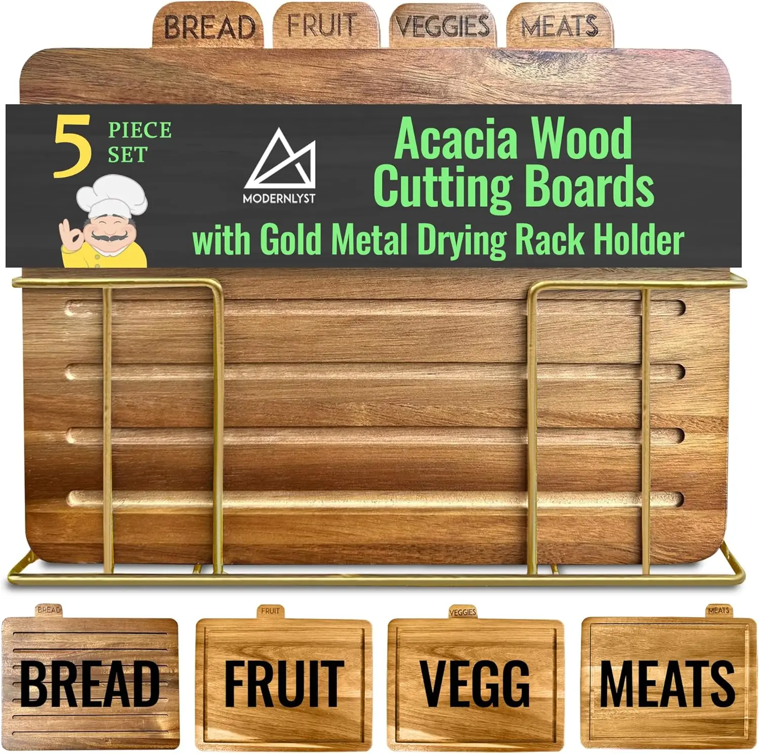 

Acacia Cutting Boards for Kitchen with Holder 13" x 11" x 2.5" | Labeled Wood Cutting Board Sets | Large Wooden Cutting
