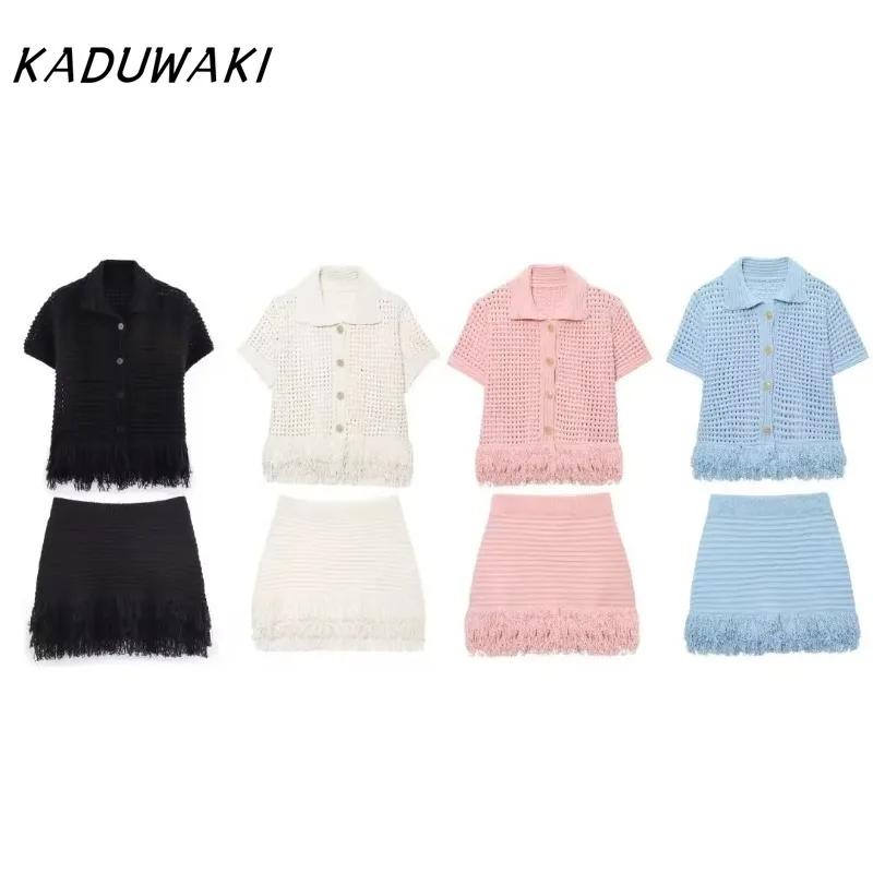 

KADUWAKI Women Mini Skirts Set Single-breasted Fringe Decorate Short Sleeve Lapel Tops A-Line High Knitted Waist Skirt 니트 스커트
