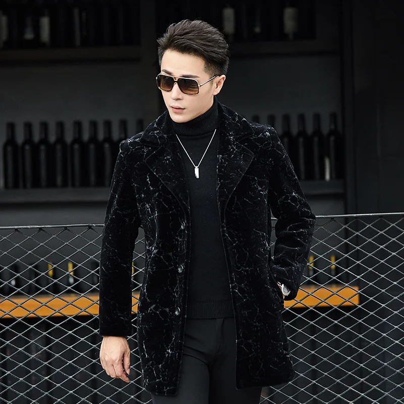 

Winter Fur Men Wool Overcoat Printed Mens Parka Real Leather Jacket Mid-length Fashion Sheep Shearing Trench Coat