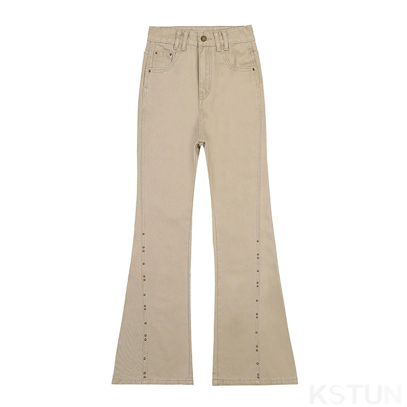 KSTUN 2026 High-waisted Women Flared Jeans Loose Bell-bottom Trousers Khaki Denim Pants Fashion Rivets Design Patchwork Vintage