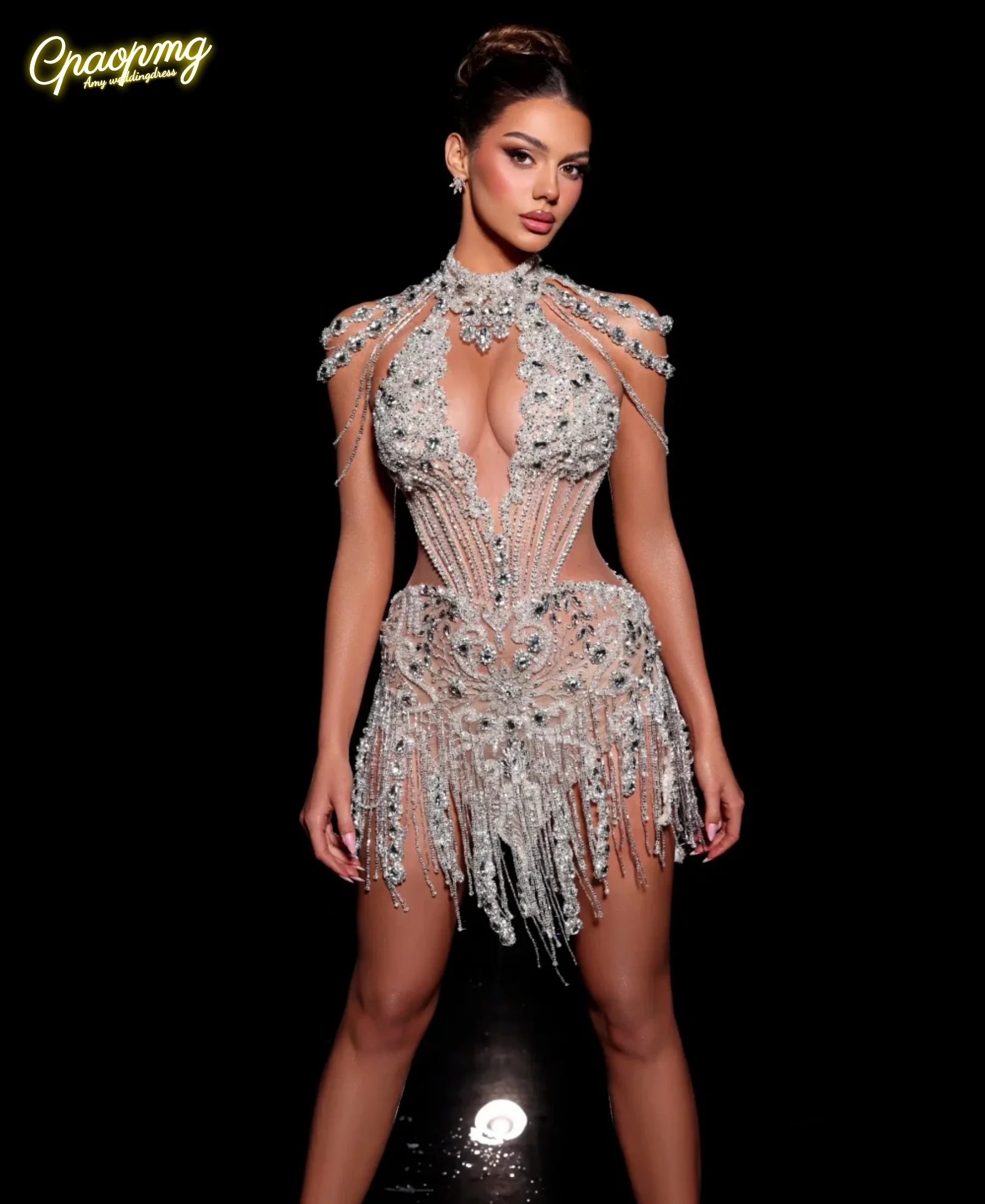 

Мини-вечернее платье с серебряными кристаллами и кисточками по индивидуальному заказу, прозрачные платья для выпускного вечера с высоким воротником для вечерние, коктейльное платье