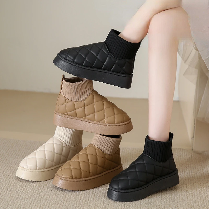 

2023 Winter Thick Plush Warm Snow Boots Women Slip On Flat Heels Cotton Shoes Woman Non Slip Waterproof Ankle Boots Female Black