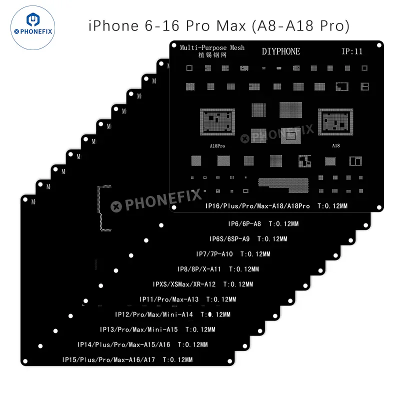 DIYPHONE BGA Reballing Stencil Template For iPhone 15 14 13 12 11 Pro Max XS XR X 8 7 6 Black Steel Tin Planting Soldering Net