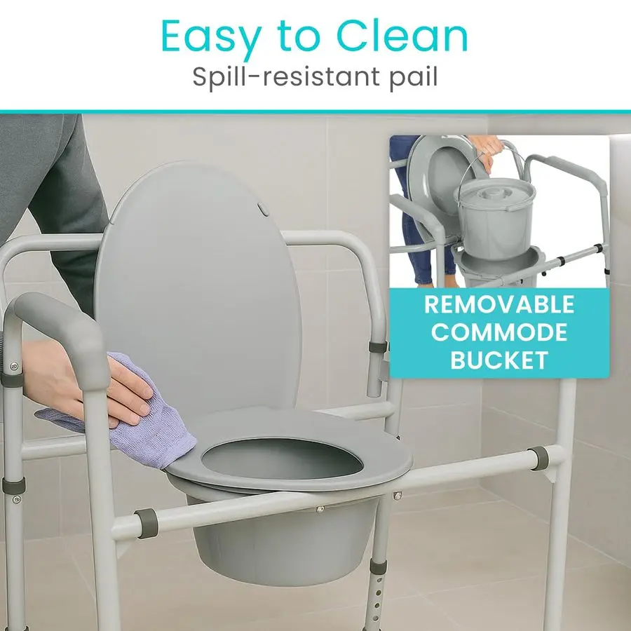 Bariatric Bedside 3in1 Commode 500 lb Capacity Portable Folding Toilet Chair Adjustable Height, Extra Wide Seat Bucket Splash Gu