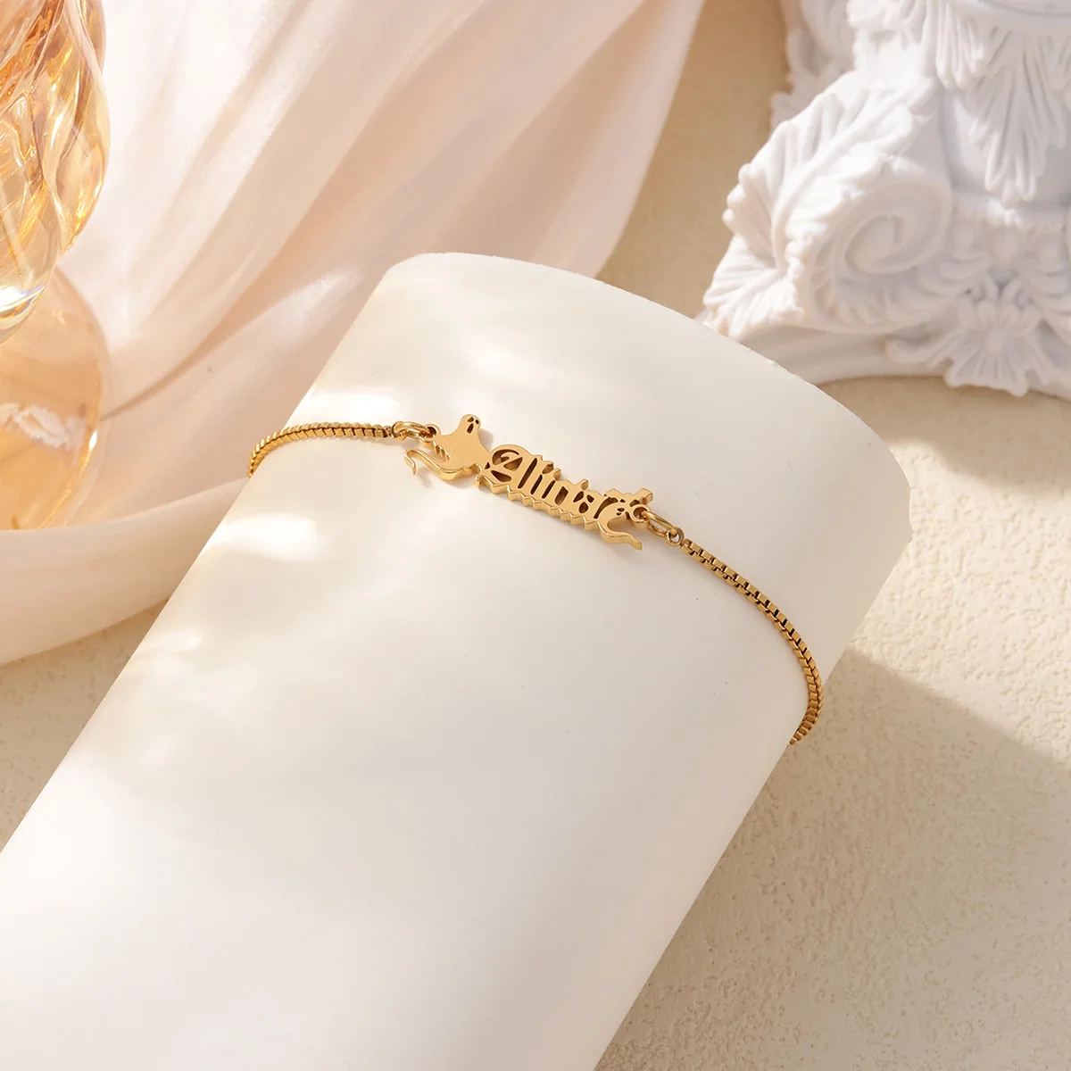 Pulsera con nombre personalizado para mujer, pulsera con letras góticas personalizadas de fantasma de Color dorado para Halloween, cadena de caja, joyería de acero inoxidable