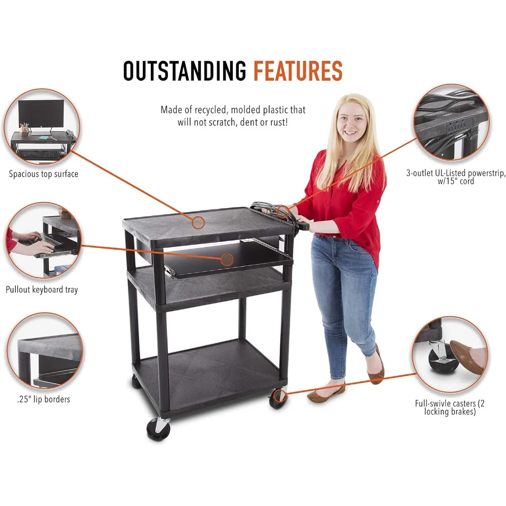 عربة بلاستيكية AV مع صينية لوحة المفاتيح لمحطات العمل المتنقلة في المكاتب والمدارس، حل تخزين دوار مع 4 عجلات #3