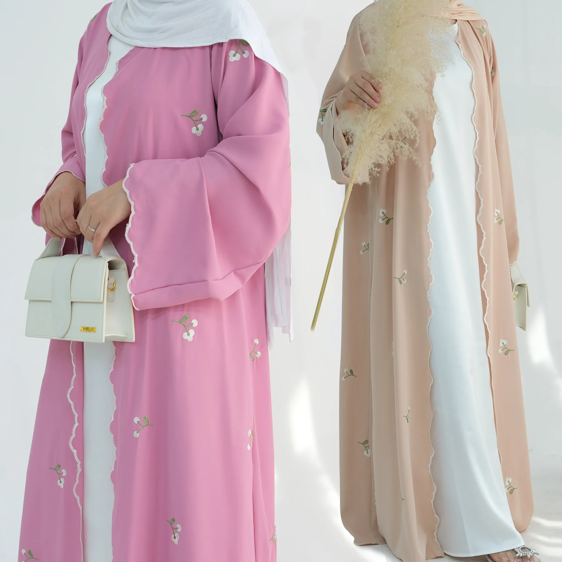 Muslim Women's Abaya Open Front Long Robe with Floral Embroidery - Elegant Lace Coat Without Hijab