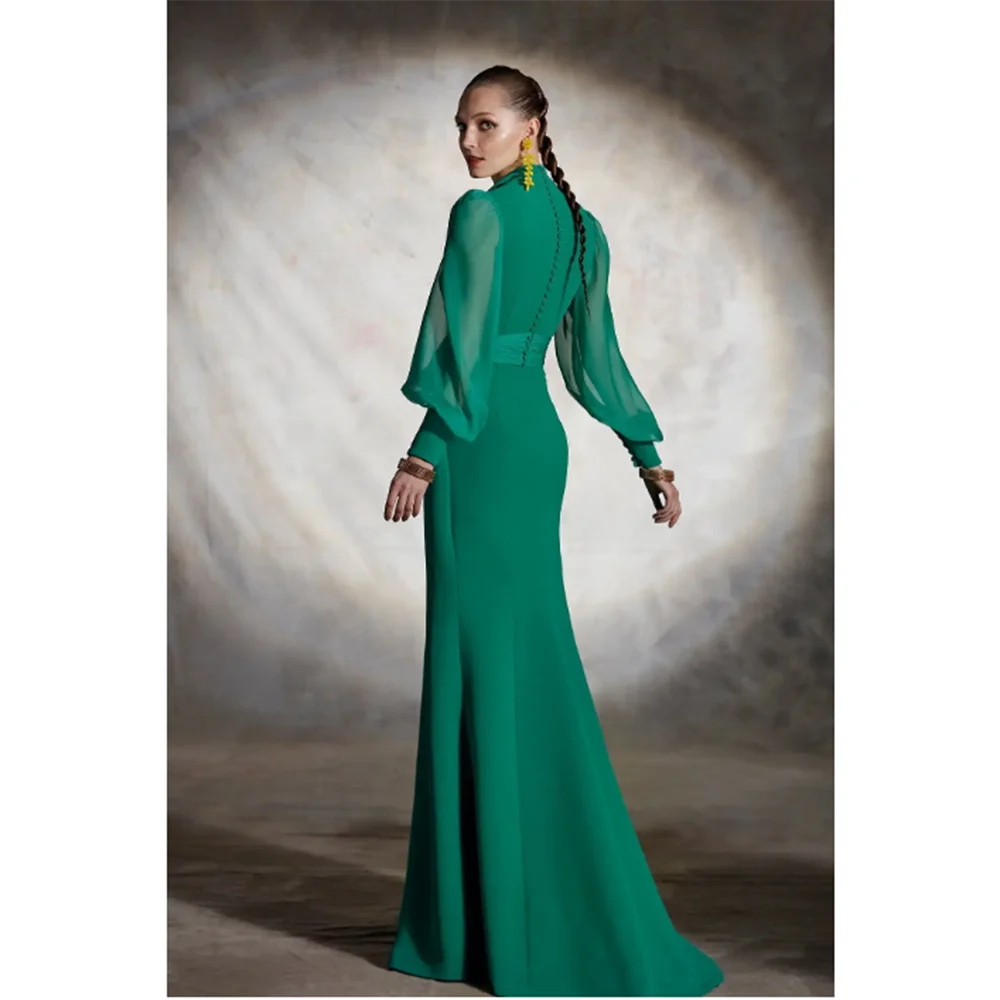 Fashion Chic Green Formal Evening Party Dresses V-Neck Floor Length Full Sleeves Sexy High Split Wysokiej jakości damskie suknie na bal maturalny