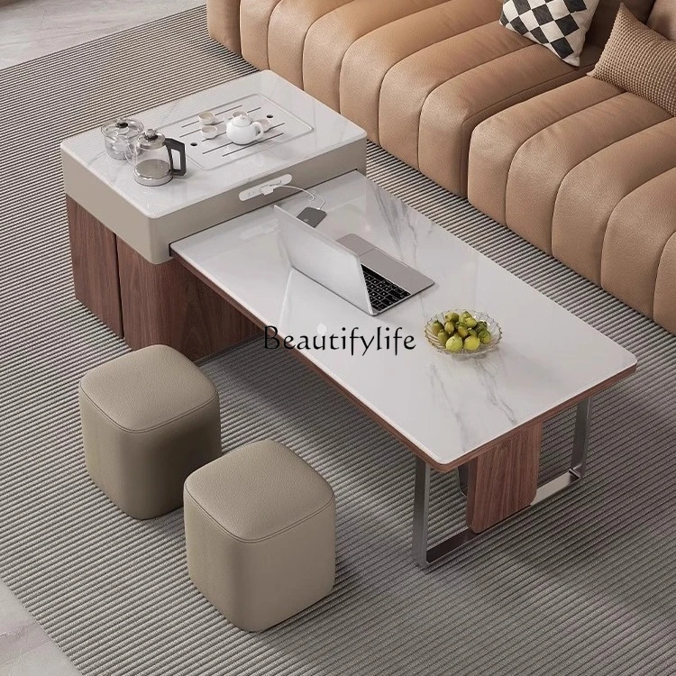

Italian light luxury natural marble microcrystalline stone multi-functional telescopic Kung Fu tea integrated coffee table