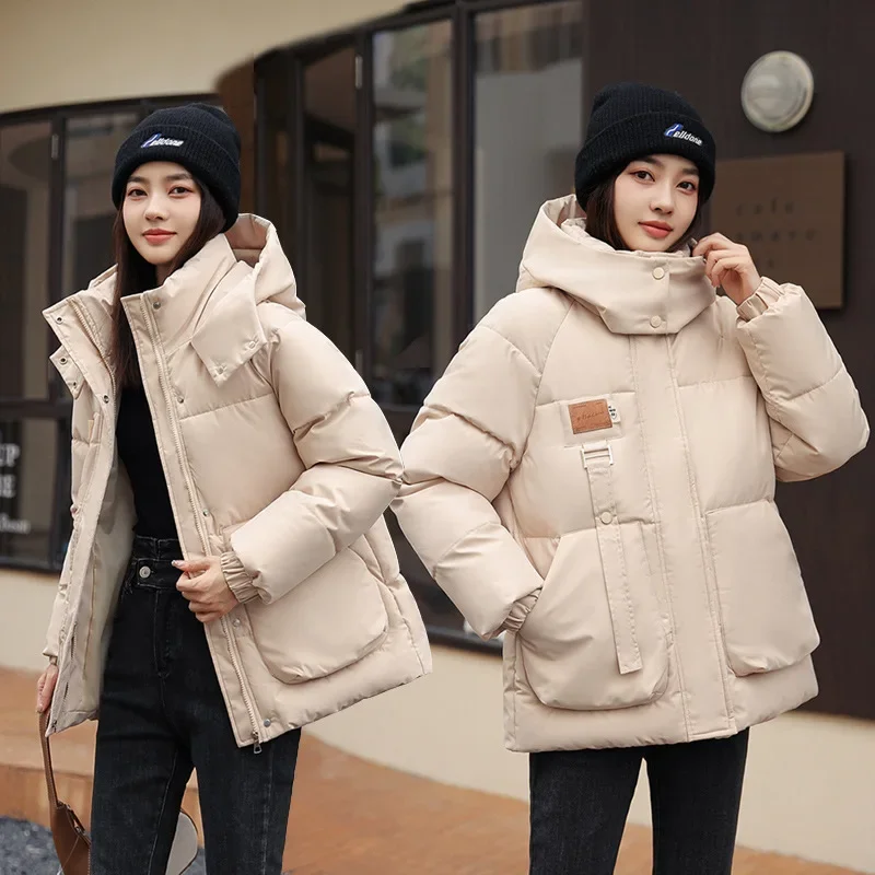 

Hooded Parkas Winter Women Clothing Puffer Jacket Warm Thick Cotton-padded Jacket Long Sleeve Snowsuit Pocket Bread Clothes New