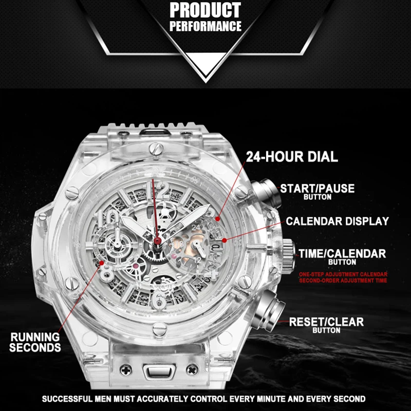 ساعة رياضية عصرية للرجال من أفضل العلامات التجارية غير عادية أكريليك كوارتز كرونوغراف ساعات أصلية خفيفة مقاومة للماء على مدار الساعة Relojes #3