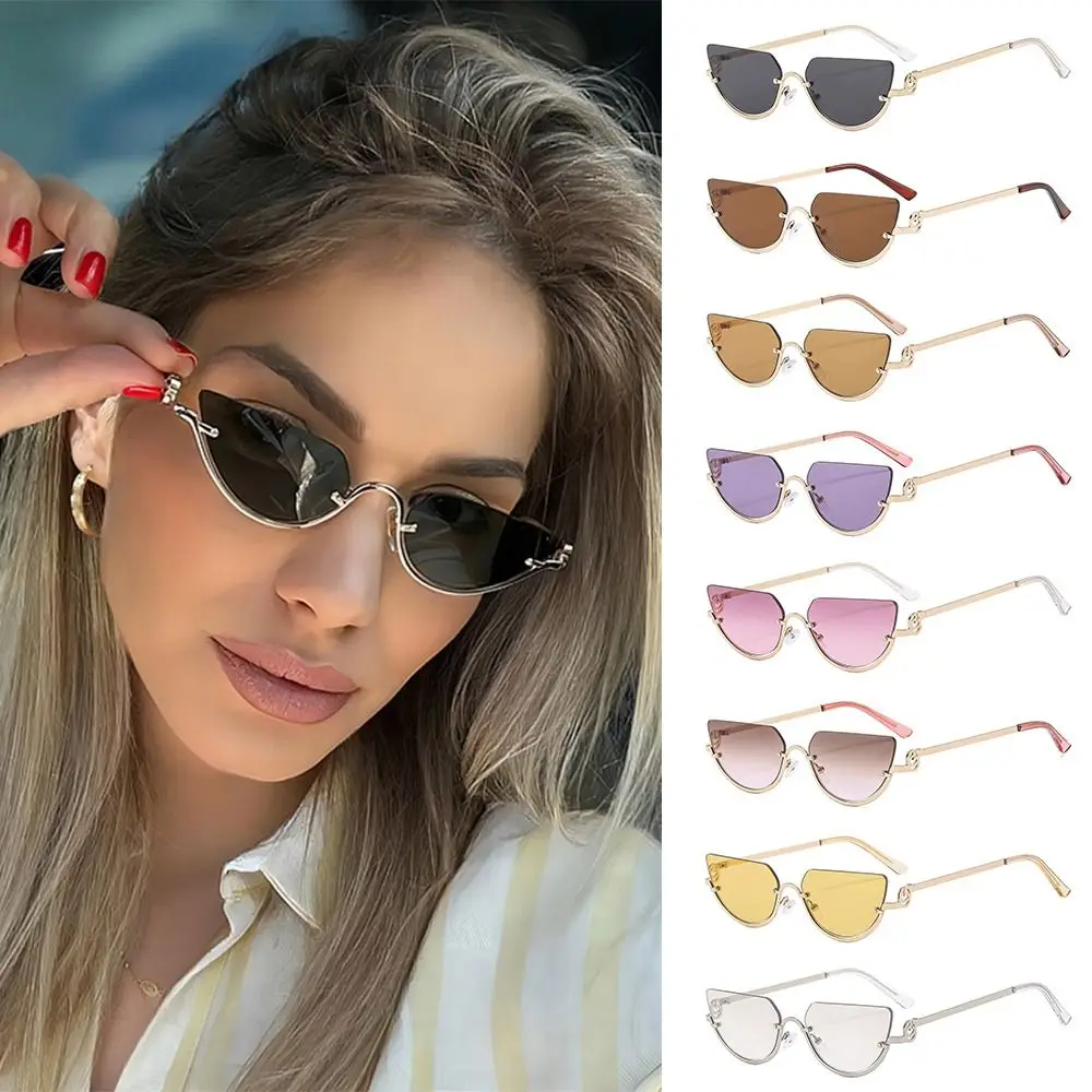 Small Cat Eye Women's Sunglasses Metal Half Frame Sun Glasses Vintage Shades Trendy Narrow Hip Hop Eyewear
